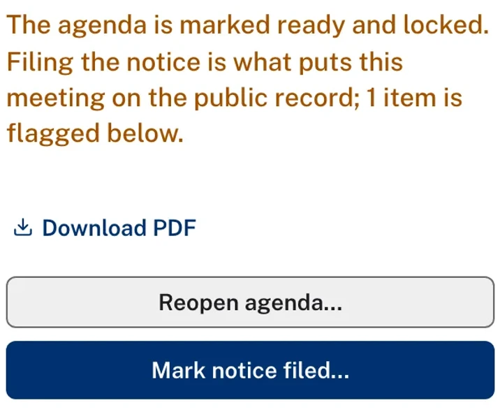 The Agenda step once the agenda is marked ready: it is locked, 1 item is flagged below, and the next button is Mark notice filed.
