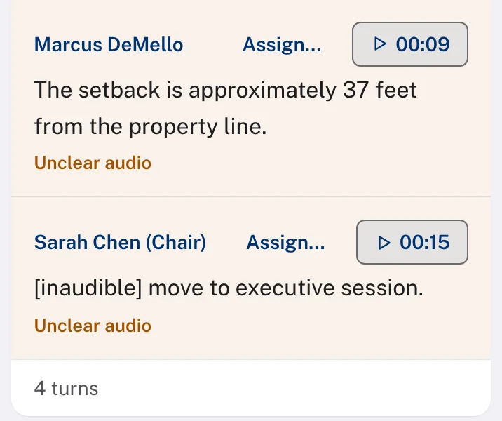 The last two transcript turns by named speakers, each marked Unclear audio, and the count of 4 turns.