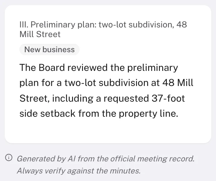 A draft minutes section titled Preliminary plan: two-lot subdivision, 48 Mill Street, labelled New business, with a short summary of the Board’s review and a note to verify the draft against the minutes.