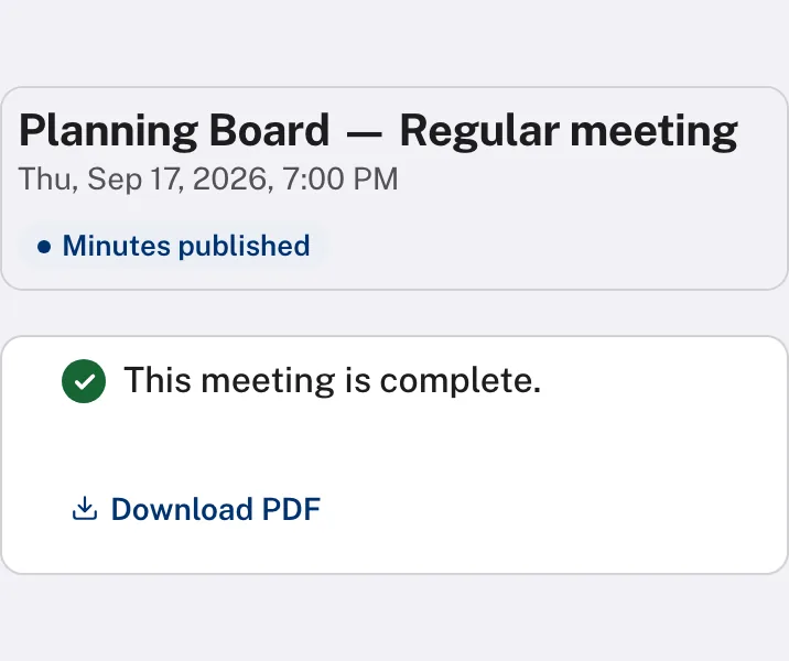 Two excerpts from a published meeting’s page: the Planning Board regular meeting header marked Minutes published, and the line This meeting is complete with a Download PDF link.